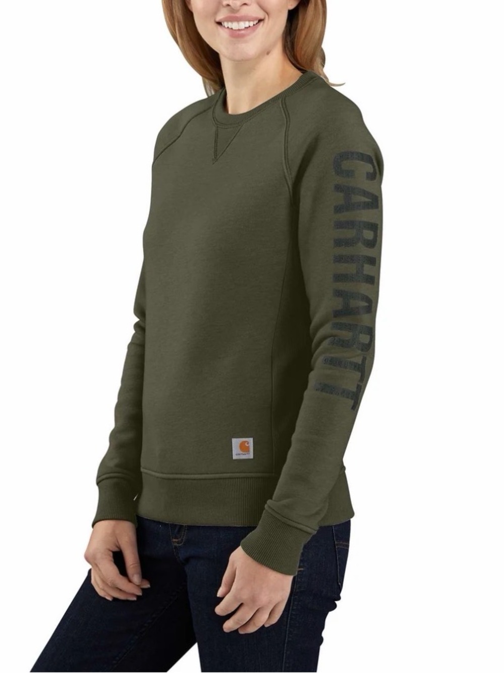 Carhartt Women's Olive Graphic Sleeve Crewneck Sweatshirt X-Small